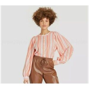 A New Day Coral Button Up Blouse-Medium-Balloon Sleeves-Mandarin Collar-NEW